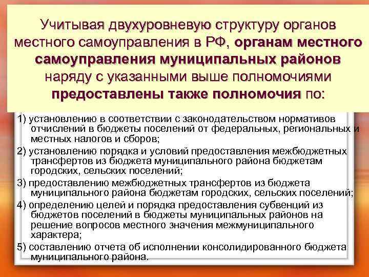 Учитывая двухуровневую структуру органов местного самоуправления в РФ, органам местного самоуправления муниципальных районов наряду