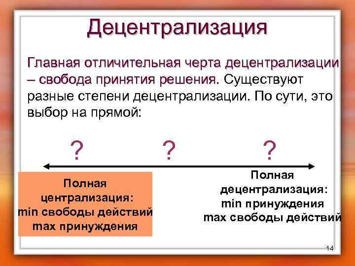 Децентрализация Главная отличительная черта децентрализации – свобода принятия решения. Существуют – свобода принятия решения.