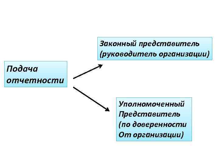 Законный представитель (руководитель организации) Подача отчетности Уполномоченный Представитель (по доверенности От организации) 