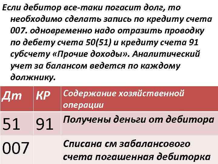 Если дебитор все-таки погасит долг, то необходимо сделать запись по кредиту счета 007. одновременно
