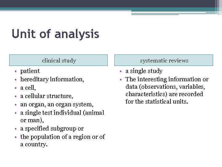 Unit of analysis clinical study systematic reviews patient hereditary information, a cellular structure, an