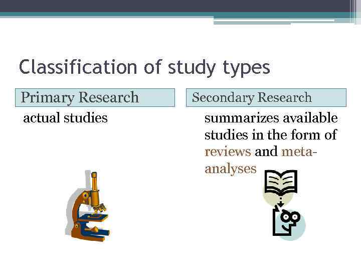 Classification of study types Primary Research Secondary Research actual studies summarizes available studies in