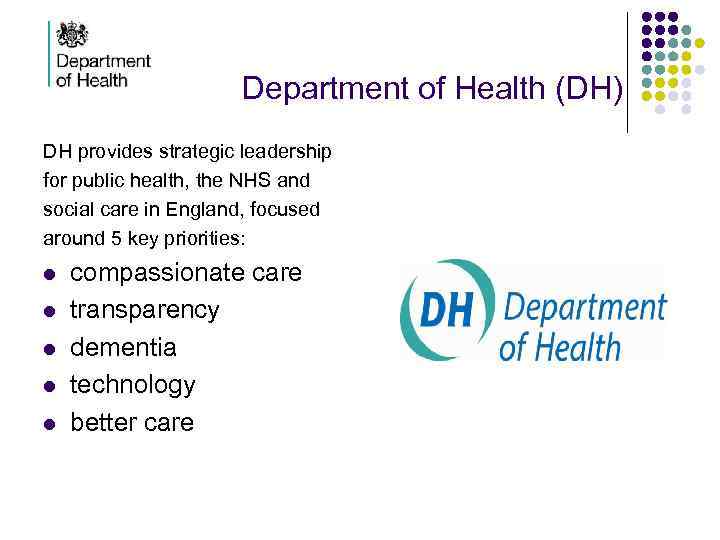  Department of Health (DH) DH provides strategic leadership for public health, the NHS