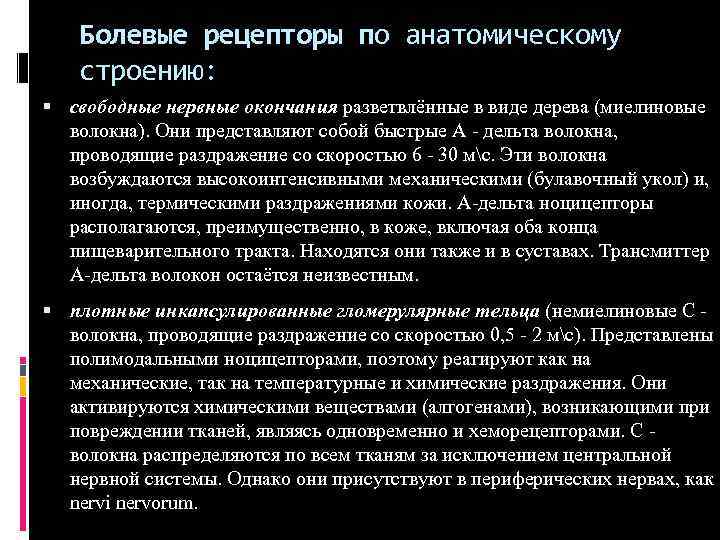 Болевые рецепторы по анатомическому строению: свободные нервные окончания разветвлённые в виде дерева (миелиновые волокна).