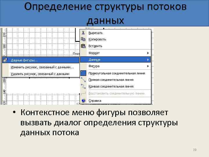 Определение структуры потоков данных • Контекстное меню фигуры позволяет вызвать диалог определения структуры данных