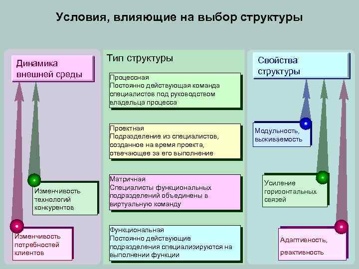 Условия, влияющие на выбор структуры Динамика внешней среды Тип структуры Процессная Постоянно действующая команда