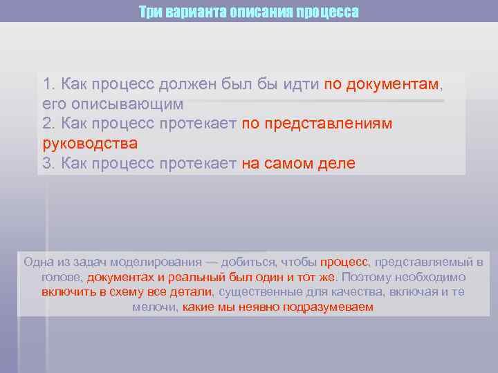 Три варианта описания процесса 1. Как процесс должен был бы идти по документам, его