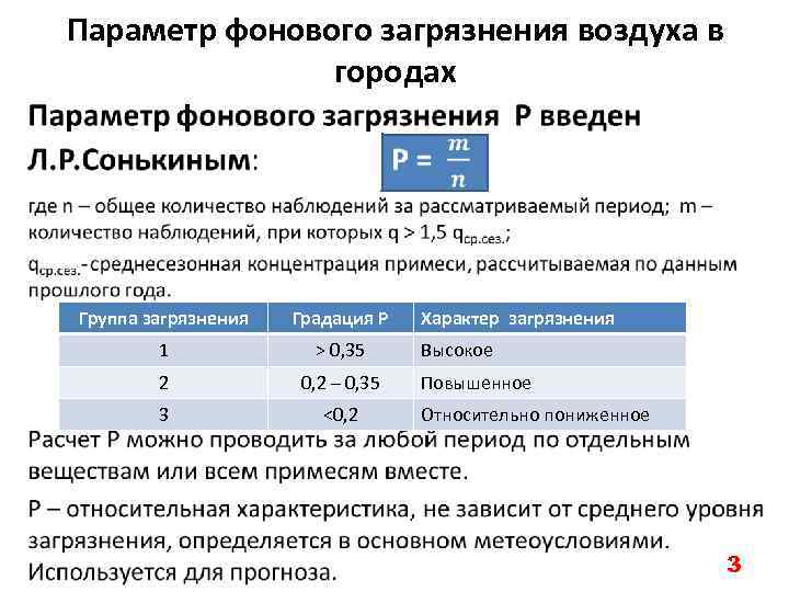 Параметр фонового загрязнения воздуха в городах • Группа загрязнения Градация Р 1 > 0,