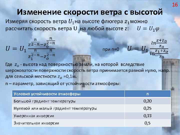 Изменение скорости ветра с высотой • Условия устойчивости атмосферы n Большой градиент температуры 0,