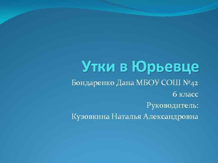 Утки в Юрьевце Бондаренко Дана МБОУ СОШ № 42 6 класс Руководитель: Кузовкина Наталья