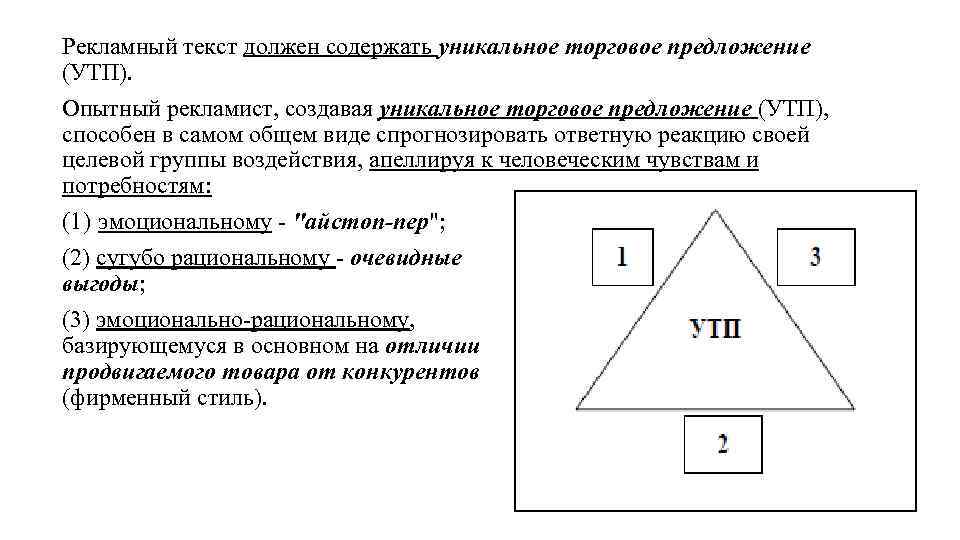 Рекламный текст должен содержать уникальное торговое предложение (УТП). Опытный рекламист, создавая уникальное торговое предложение
