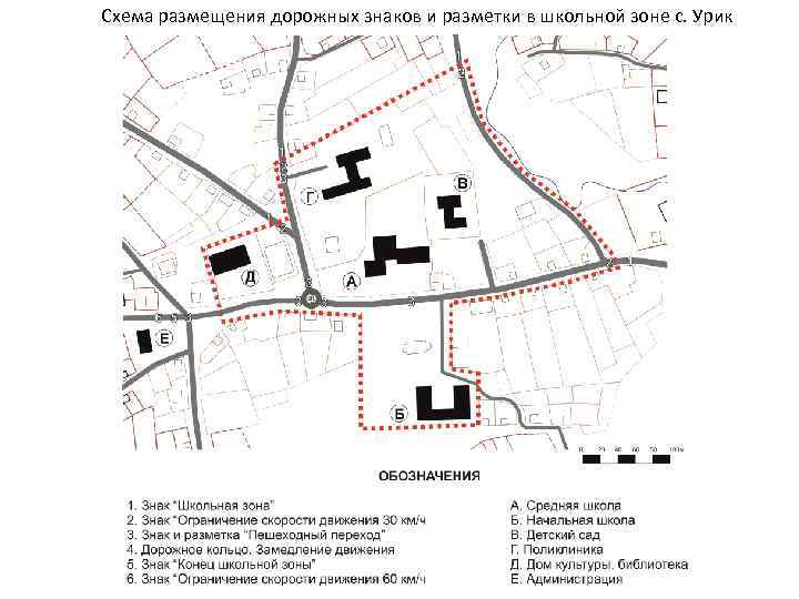 Схема размещения дорожных знаков и разметки в школьной зоне с. Урик 