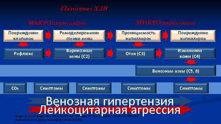 Патогенез ХЗВ Повреждение клапанов Ремоделирование стенки вены Рефлюкс Варикозные вены (C 2) МИКРОциркуляция Проницаемость