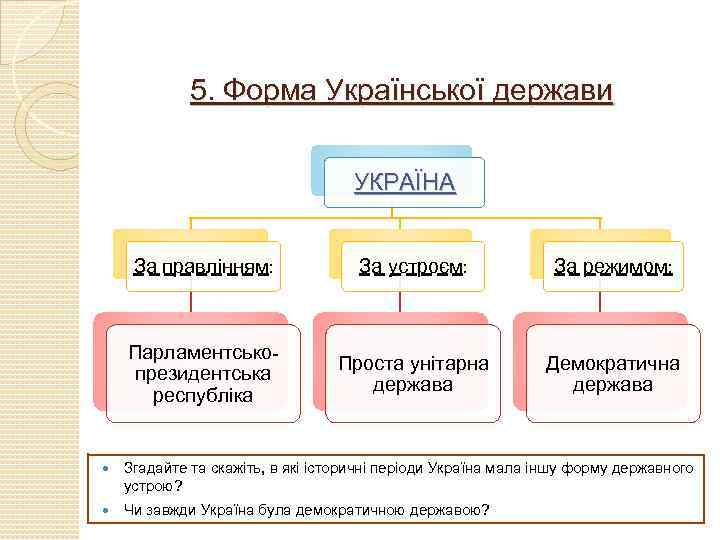 5. Форма Української держави УКРАЇНА За правлінням: За устроєм: За режимом: Парламентськопрезидентська республіка Проста