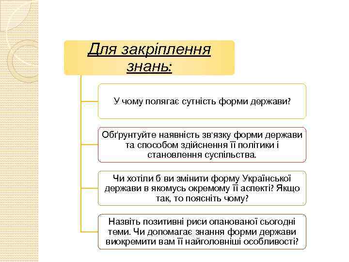 Для закріплення знань: У чому полягає сутність форми держави? Обґрунтуйте наявність зв'язку форми держави