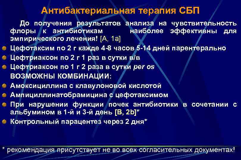 Антибактериальная терапия СБП До получения результатов анализа на чувствительность флоры к антибиотикам наиболее эффективны
