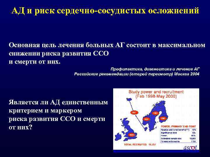 АД и риск сердечно-сосудистых осложнений Основная цель лечения больных АГ состоит в максимальном снижении