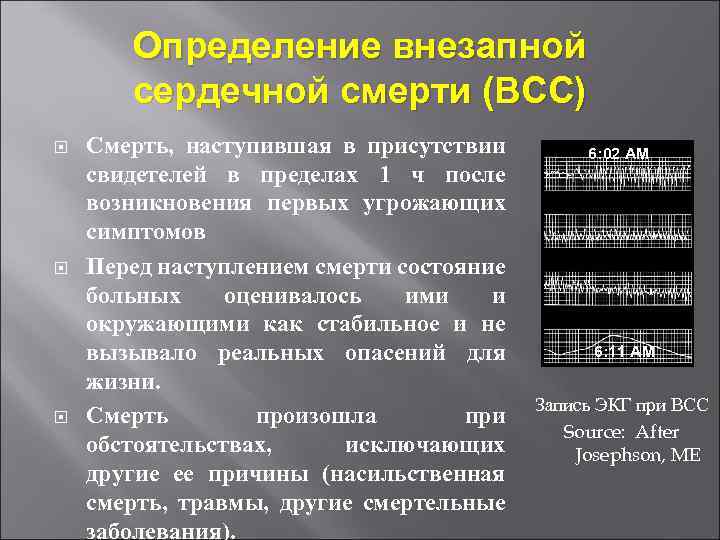 Определение внезапной сердечной смерти (ВСС) Смерть, наступившая в присутствии свидетелей в пределах 1 ч