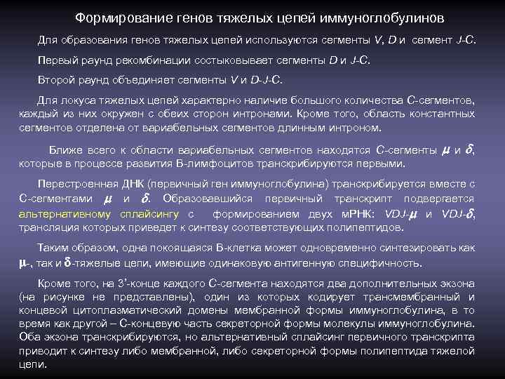 Формирование генов тяжелых цепей иммуноглобулинов Для образования генов тяжелых цепей используются сегменты V, D