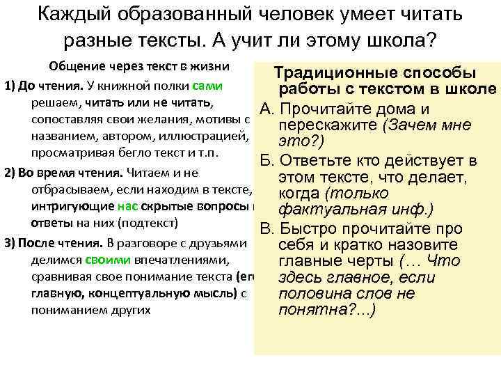Каждый образованный человек умеет читать разные тексты. А учит ли этому школа? Общение через