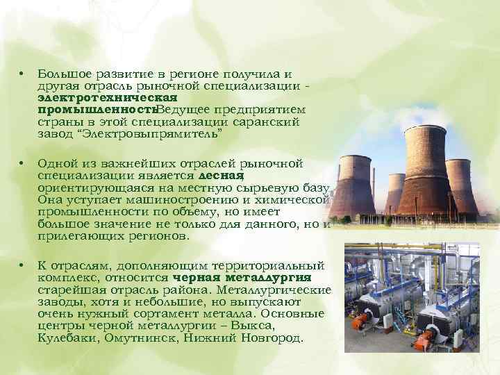  • Большое развитие в регионе получила и другая отрасль рыночной специализации электротехническая промышленность.