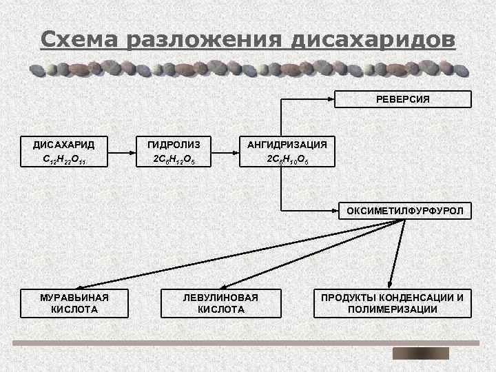 Схема разложения дисахаридов РЕВЕРСИЯ ДИСАХАРИД С 12 Н 22 О 11 ГИДРОЛИЗ 2 С