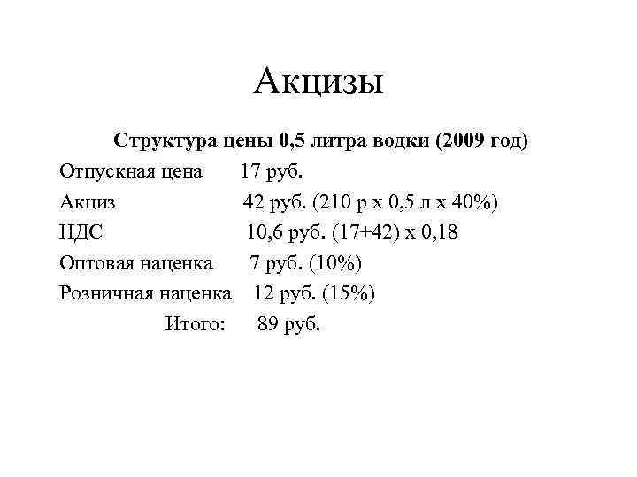 Акцизы Структура цены 0, 5 литра водки (2009 год) Отпускная цена 17 руб. Акциз