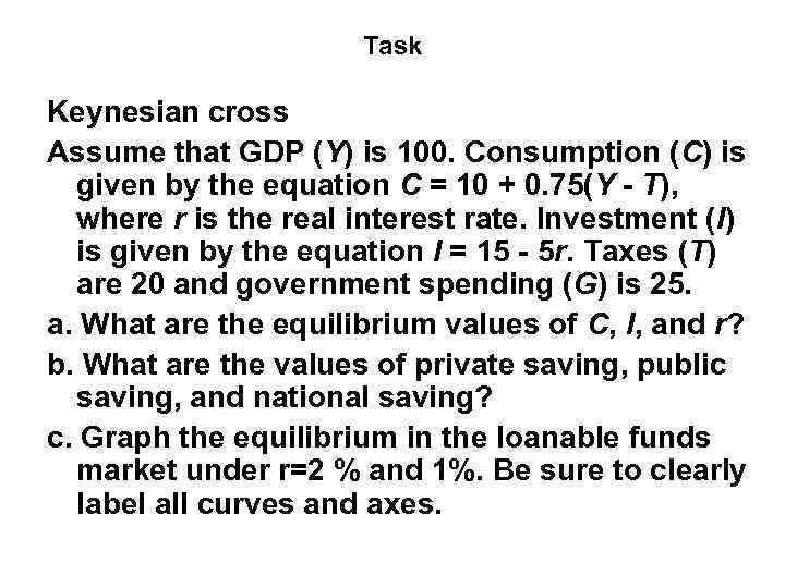 Task Keynesian cross Assume that GDP (Y) is 100. Consumption (C) is given by