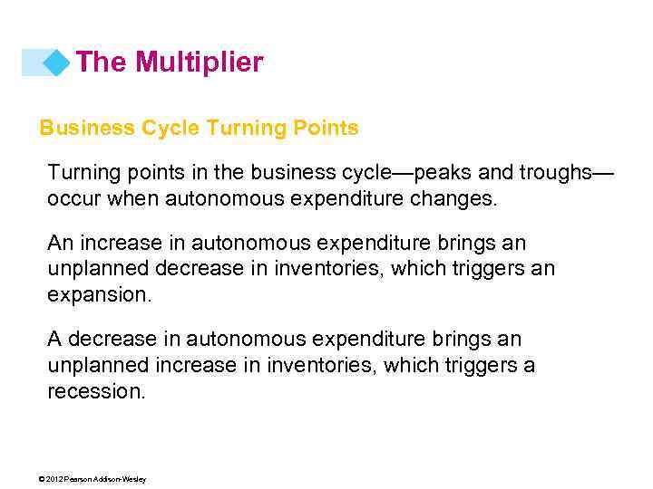 The Multiplier Business Cycle Turning Points Turning points in the business cycle—peaks and troughs—