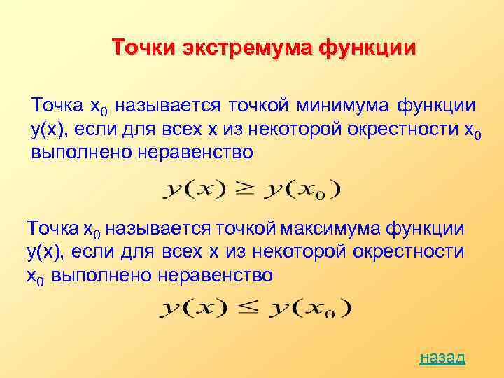 Точки экстремума функции Точка x 0 называется точкой минимума функции y(х), если для всех