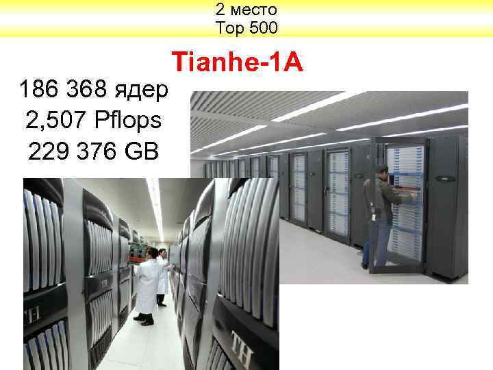 2 место Тор 500 186 368 ядер 2, 507 Pflops 229 376 GB Tianhe-1
