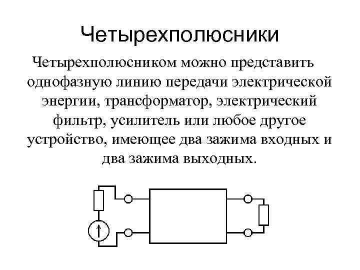 Четырехполюсники Четырехполюсником можно представить однофазную линию передачи электрической энергии, трансформатор, электрический фильтр, усилитель или