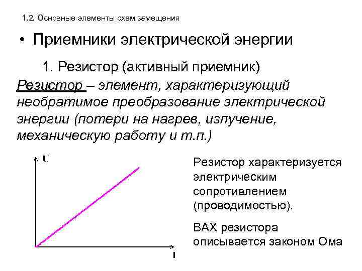 1. 2. Основные элементы схем замещения • Приемники электрической энергии 1. Резистор (активный приемник)