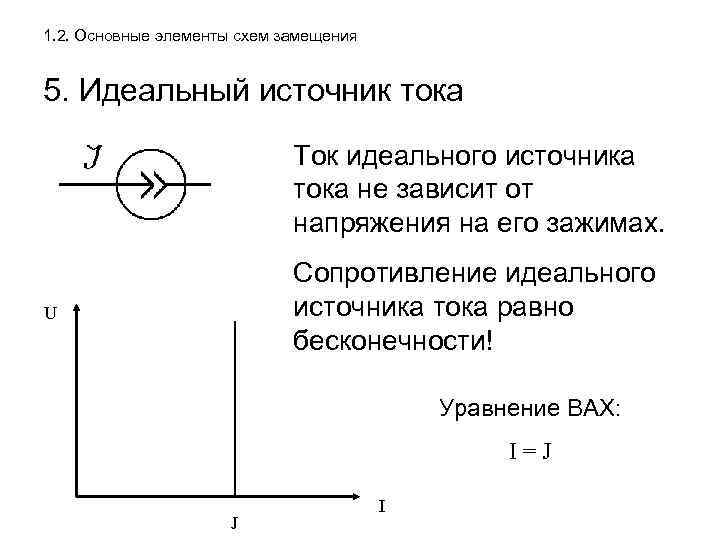 1. 2. Основные элементы схем замещения 5. Идеальный источник тока Ток идеального источника тока