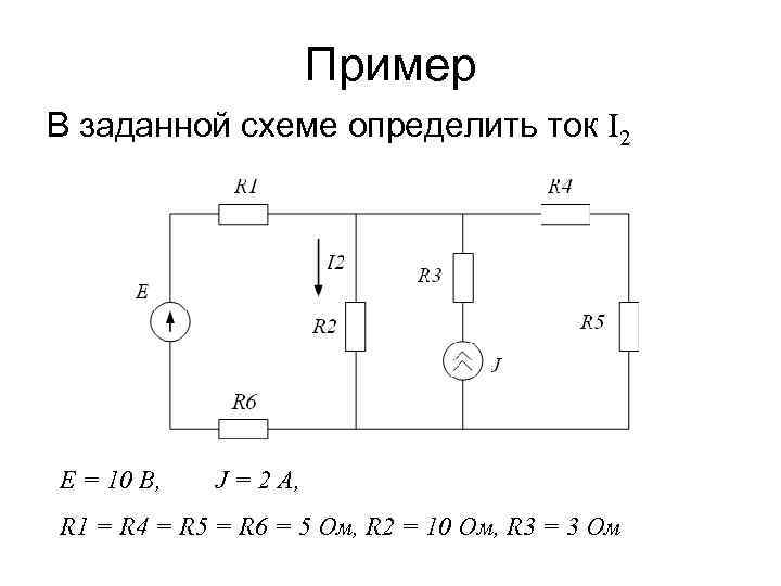 Пример В заданной схеме определить ток I 2 E = 10 B, J =