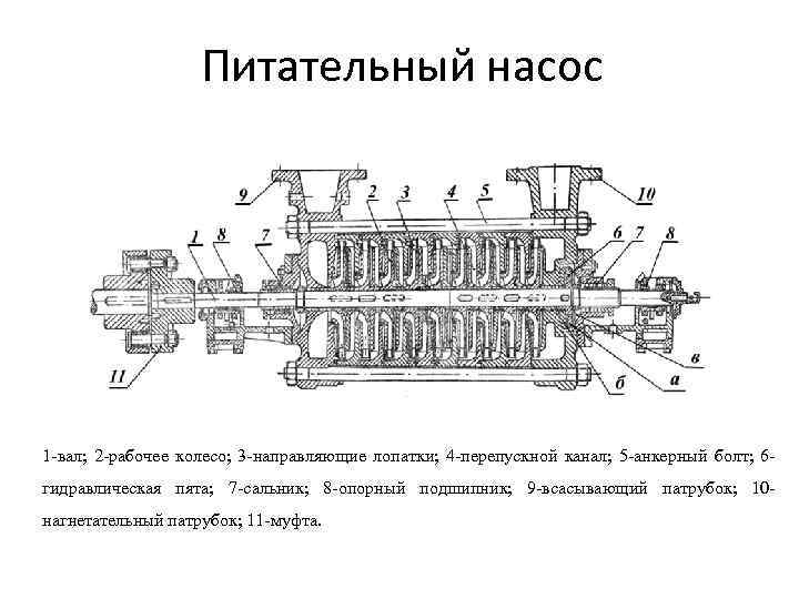Питательный насос 1 -вал; 2 -рабочее колесо; 3 -направляющие лопатки; 4 -перепускной канал; 5