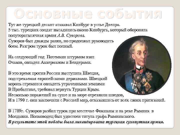 Основные события Тут же турецкий десант атакавал Кинбург в устье Днепра. 5 тыс. турецких