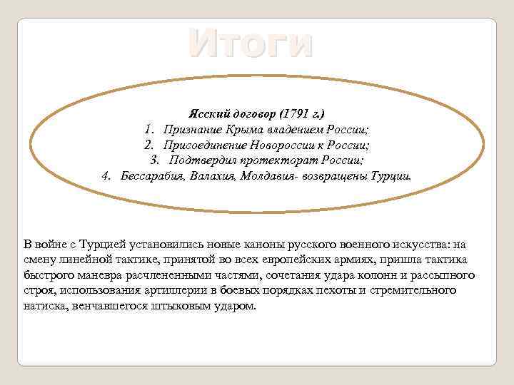 Итоги Ясский договор (1791 г. ) 1. Признание Крыма владением России; 2. Присоединение Новороссии