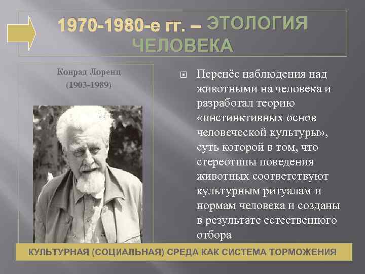 1970 -1980 -е гг. – ЭТОЛОГИЯ ЧЕЛОВЕКА Конрад Лоренц (1903 -1989) Перенёс наблюдения над