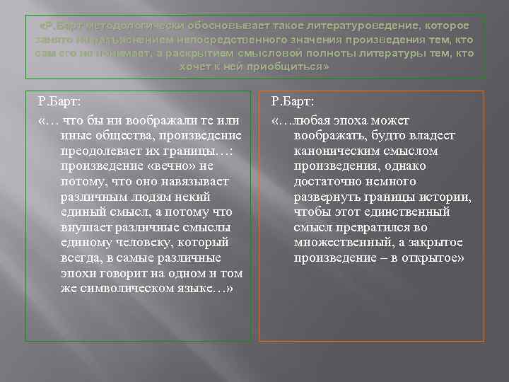 «Р. Барт методологически обосновывает такое литературоведение, которое занято не разъяснением непосредственного значения произведения