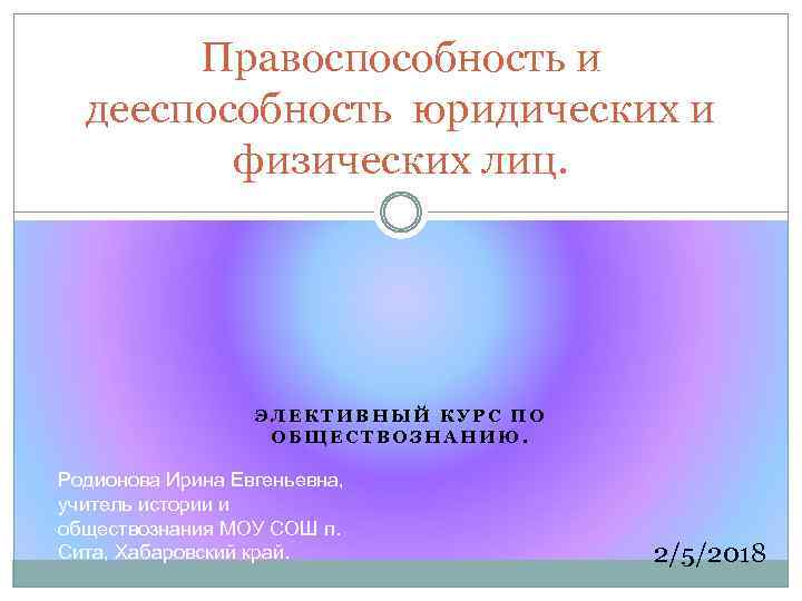 Правоспособность и класс 10 дееспособность юридических и физических лиц. ЭЛЕКТИВНЫЙ КУРС ПО ОБЩЕСТВОЗНАНИЮ. Родионова