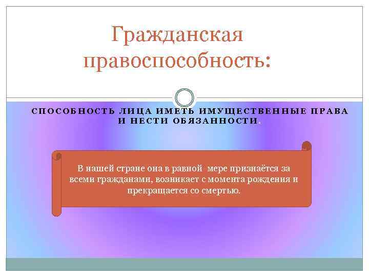Гражданская правоспособность: СПОСОБНОСТЬ ЛИЦА ИМЕТЬ ИМУЩЕСТВЕННЫЕ ПРАВА И НЕСТИ ОБЯЗАННОСТИ. В нашей стране она