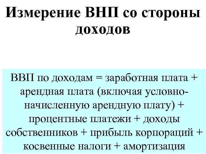 Измерение ВНП со стороны доходов ВВП по доходам = заработная плата + арендная плата