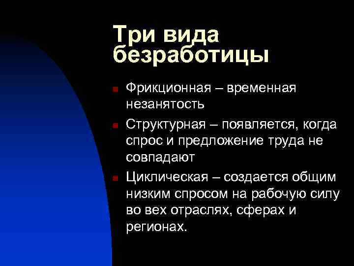 Три вида безработицы n n n Фрикционная – временная незанятость Структурная – появляется, когда