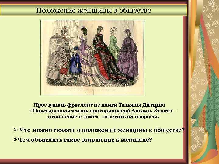 Положение женщины в обществе Прослушать фрагмент из книги Татьяны Диттрич «Повседневная жизнь викторианской Англии.