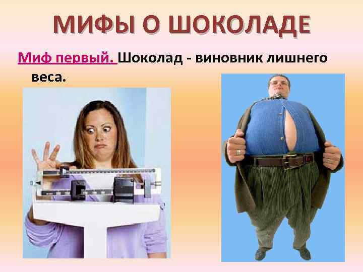 МИФЫ О ШОКОЛАДЕ Миф первый. Шоколад - виновник лишнего веса. 