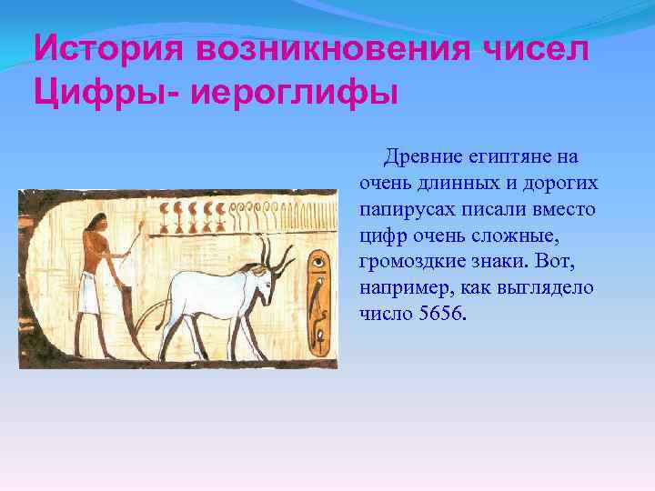 История возникновения чисел Цифры- иероглифы Древние египтяне на очень длинных и дорогих папирусах писали