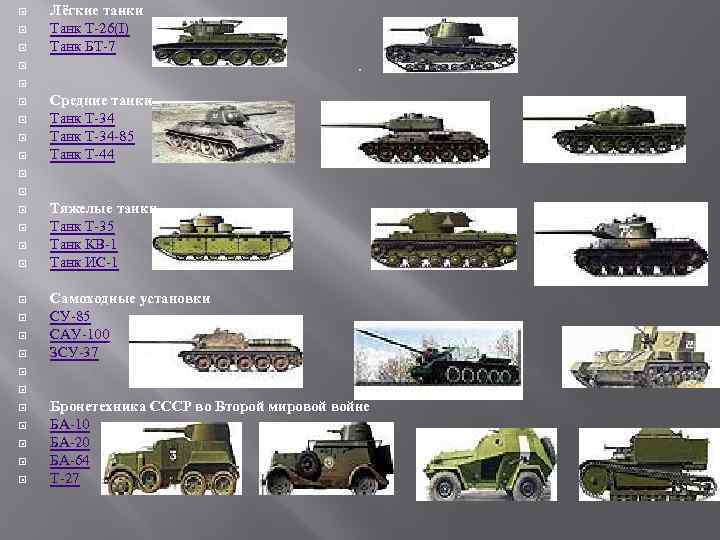  Лёгкие танки Танк Т-26(I) Танк БТ-7 Средние танки Танк Т-34 -85 Танк Т-44