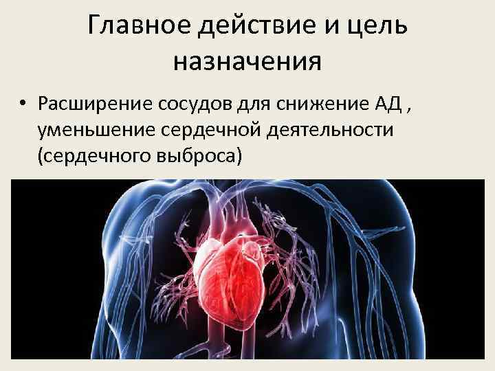 Главное действие и цель назначения • Расширение сосудов для снижение АД , уменьшение сердечной