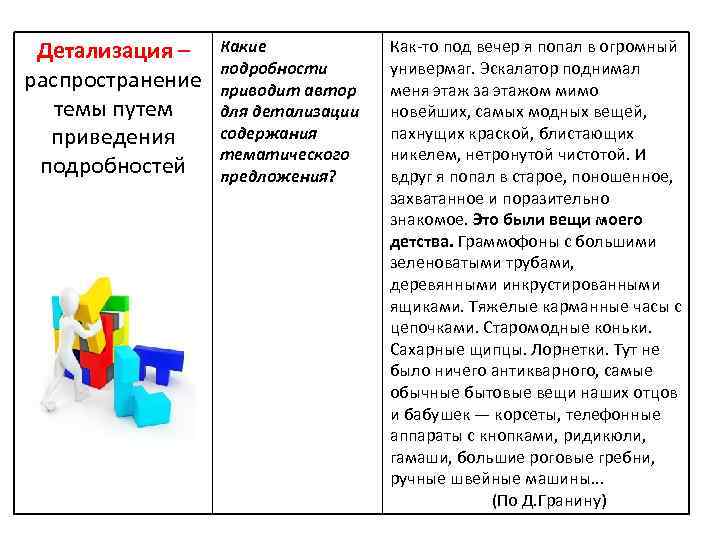 Детализация – распространение темы путем приведения подробностей Какие подробности приводит автор для детализации содержания
